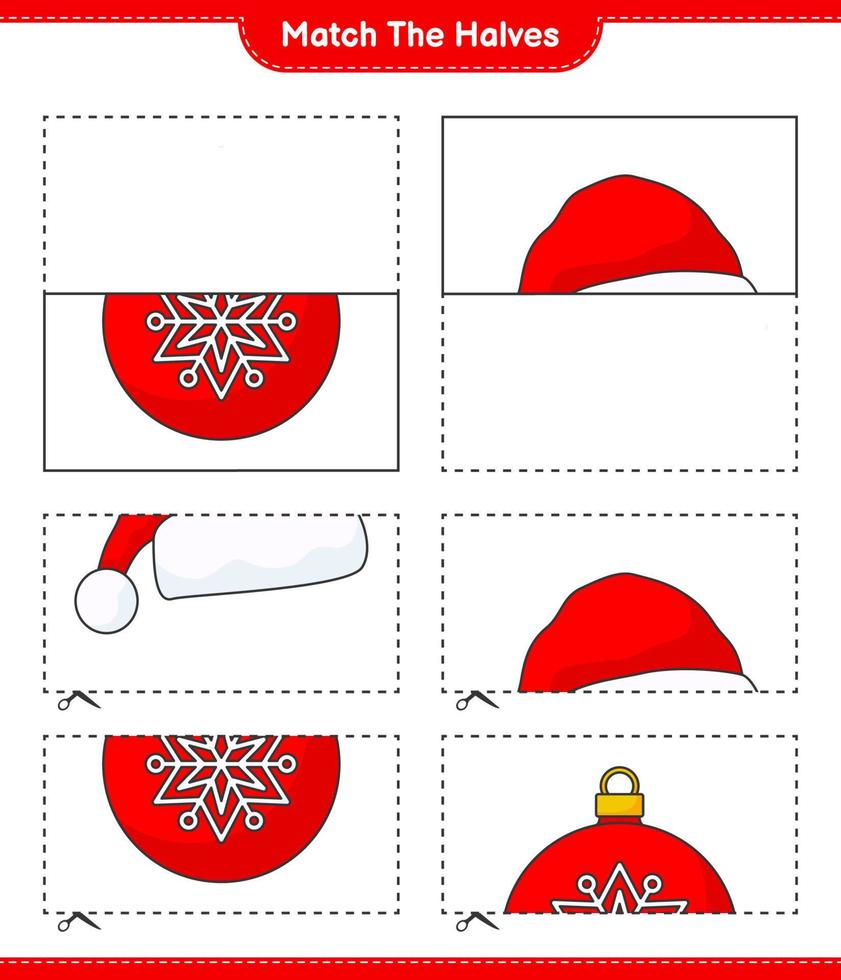 abbinare le metà. abbinare le metà della palla di Natale e del cappello di Babbo Natale. gioco educativo per bambini, foglio di lavoro stampabile, illustrazione vettoriale