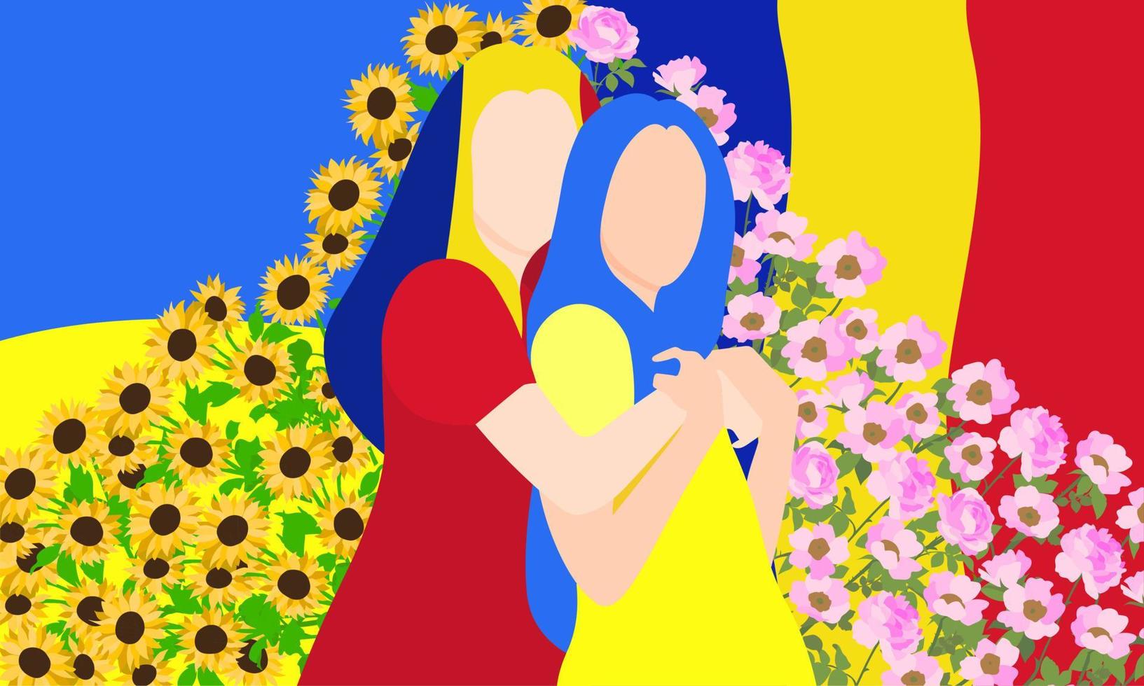 la romania abbraccia l'ucraina sullo sfondo di bandiere nazionali e fiori nazionali, girasoli e rose di rosa canina. illustrazione vettoriale piatta. sostieni la ragazza ucraina