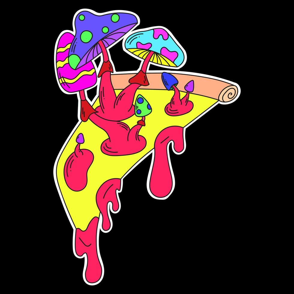 un adesivo per pizza psichedelica con funghi psichedelici che crescono da esso. liquido rosa gocciola dalla pizza. surrealismo. vettore
