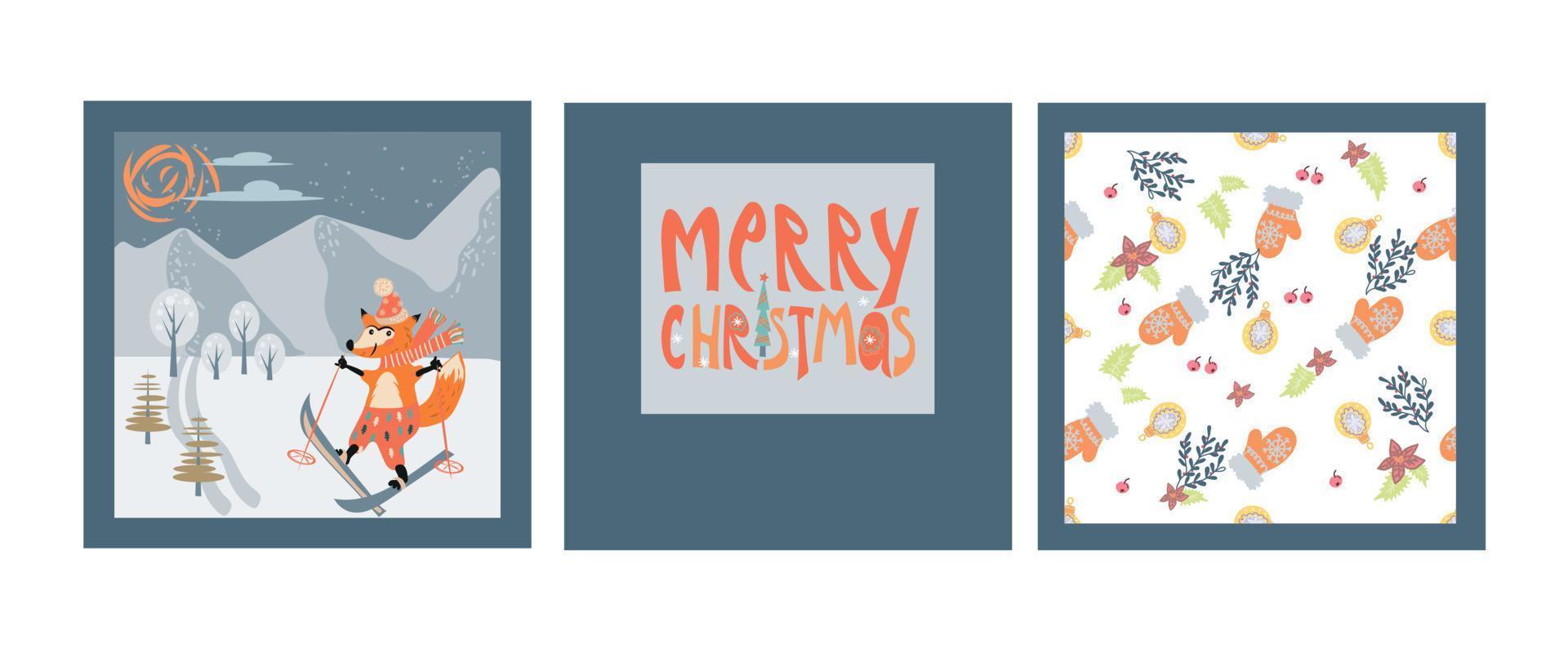 set di cartoline di Natale con scritta di saluto, personaggio animale volpe sciistica e motivo senza cuciture, illustrazione vettoriale. modelli di inviti e banner per le vacanze invernali di natale e capodanno. vettore