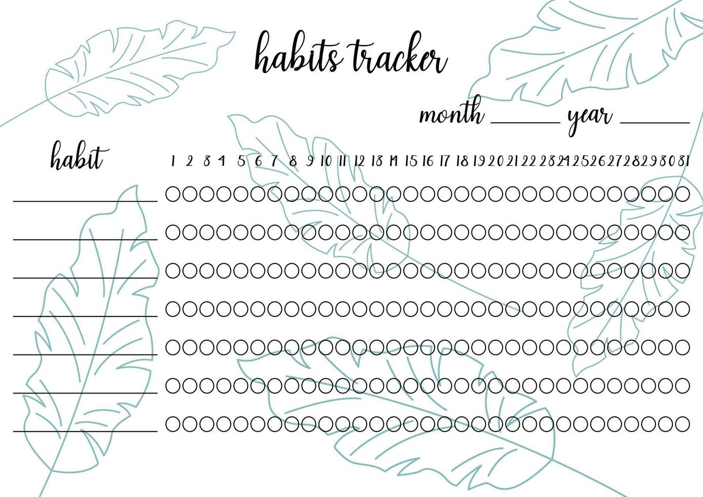 modello stampabile del tracker delle abitudini. quaderno bianco pagina orizzontale a4. illustrazione vettoriale del foglio di carta per segnare il successo delle abitudini nel mese. sfondo tropicale