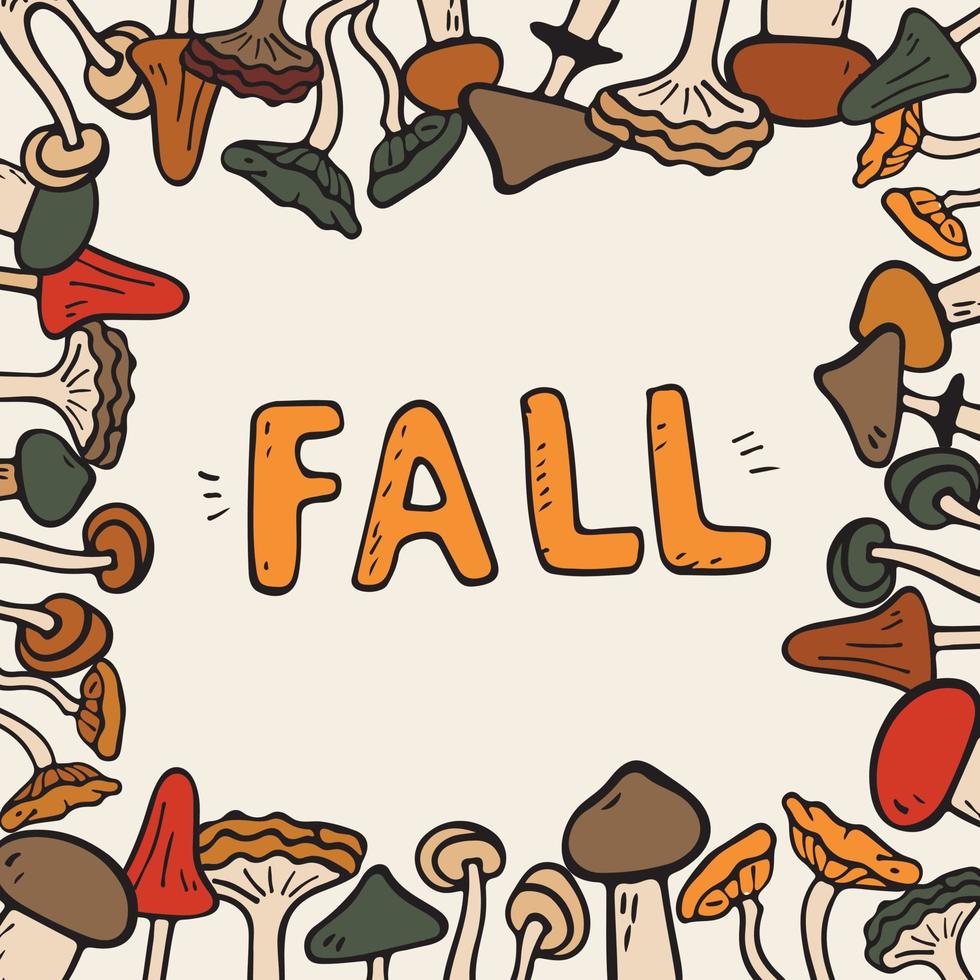 banner di illustrazione piatta vettoriale con iscrizione caduta con funghi autunnali. gli oggetti doodle sono tagliati