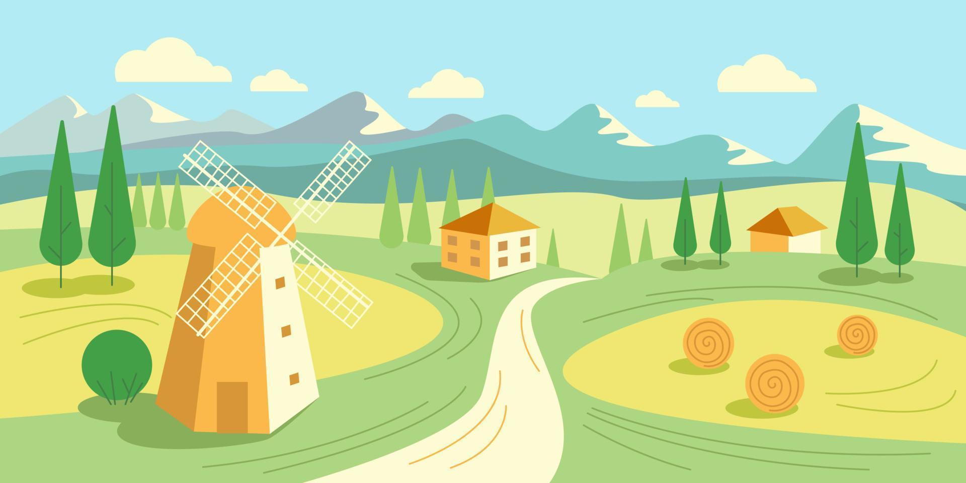 paesaggio villaggio in montagna, campagna. mulino a vento, pagliaio. illustrazione di riserva di vettore. vettore
