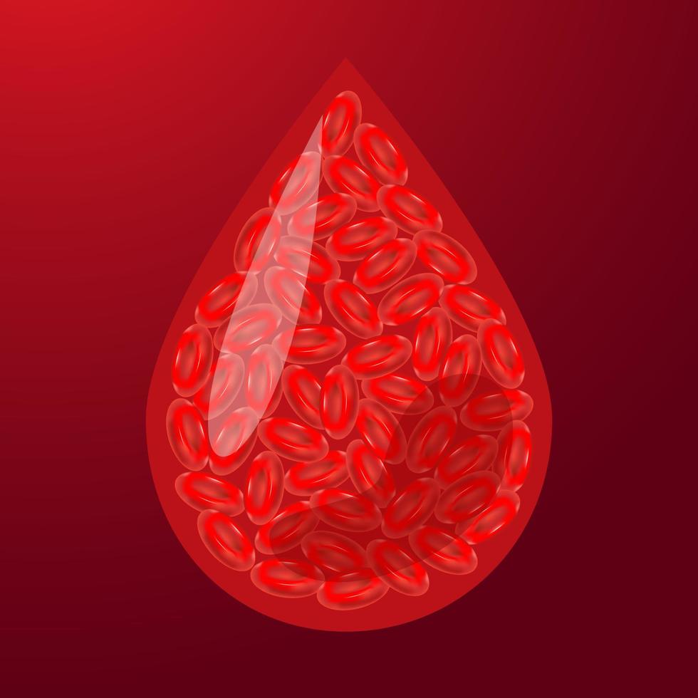una goccia di sangue con eritrociti. emoglobina, emofilia. illustrazione di riserva di vettore. vettore