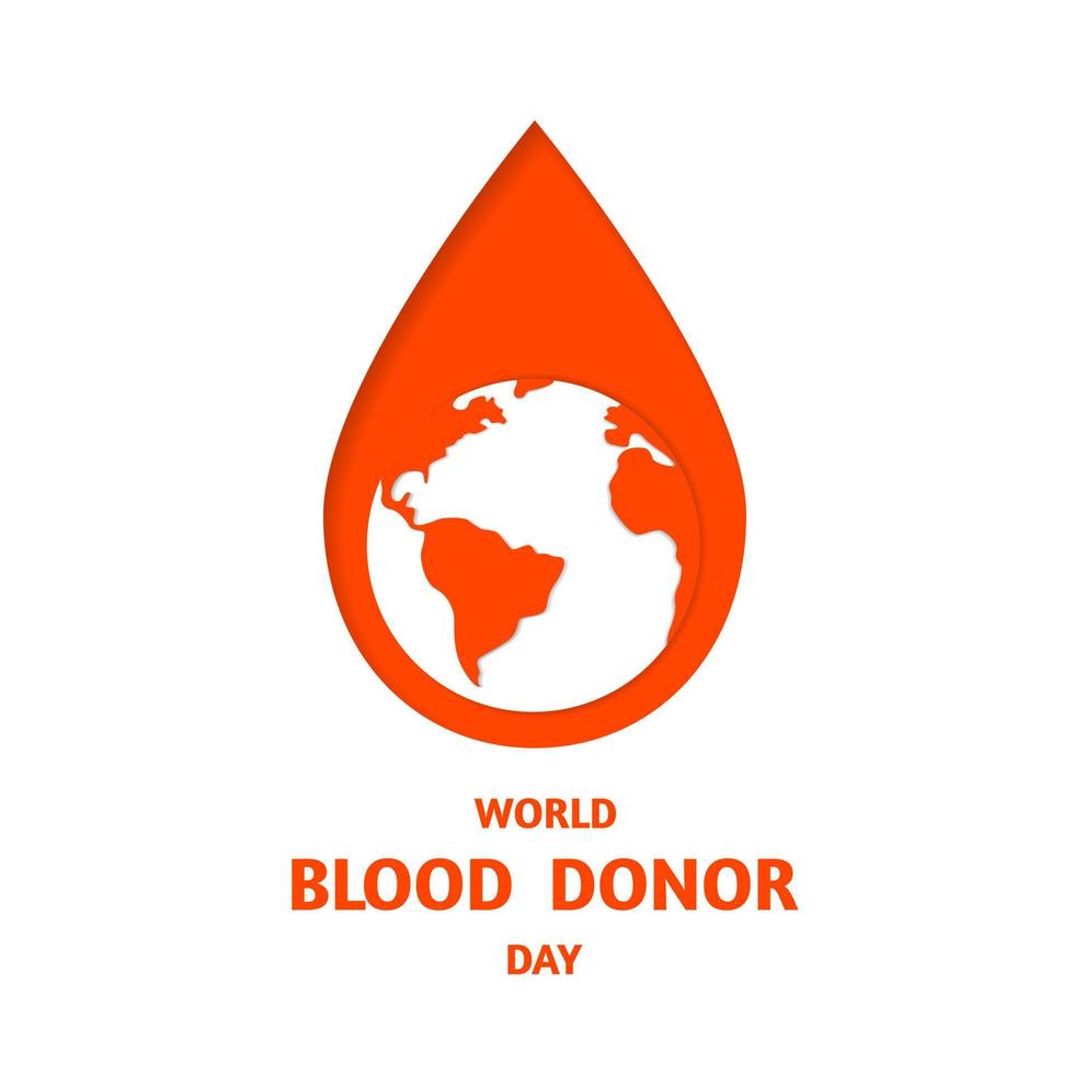 giornata mondiale del donatore di sangue, pianeta e goccia di sangue, banner in stile carta tagliata. illustrazione di riserva di vettore. vettore
