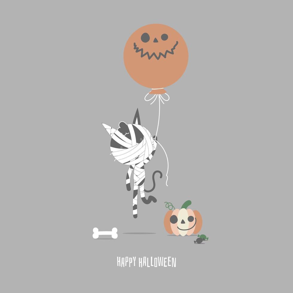 felice festa di halloween con mummia gatto e zucca, illustrazione vettoriale piatta disegno del personaggio dei cartoni animati