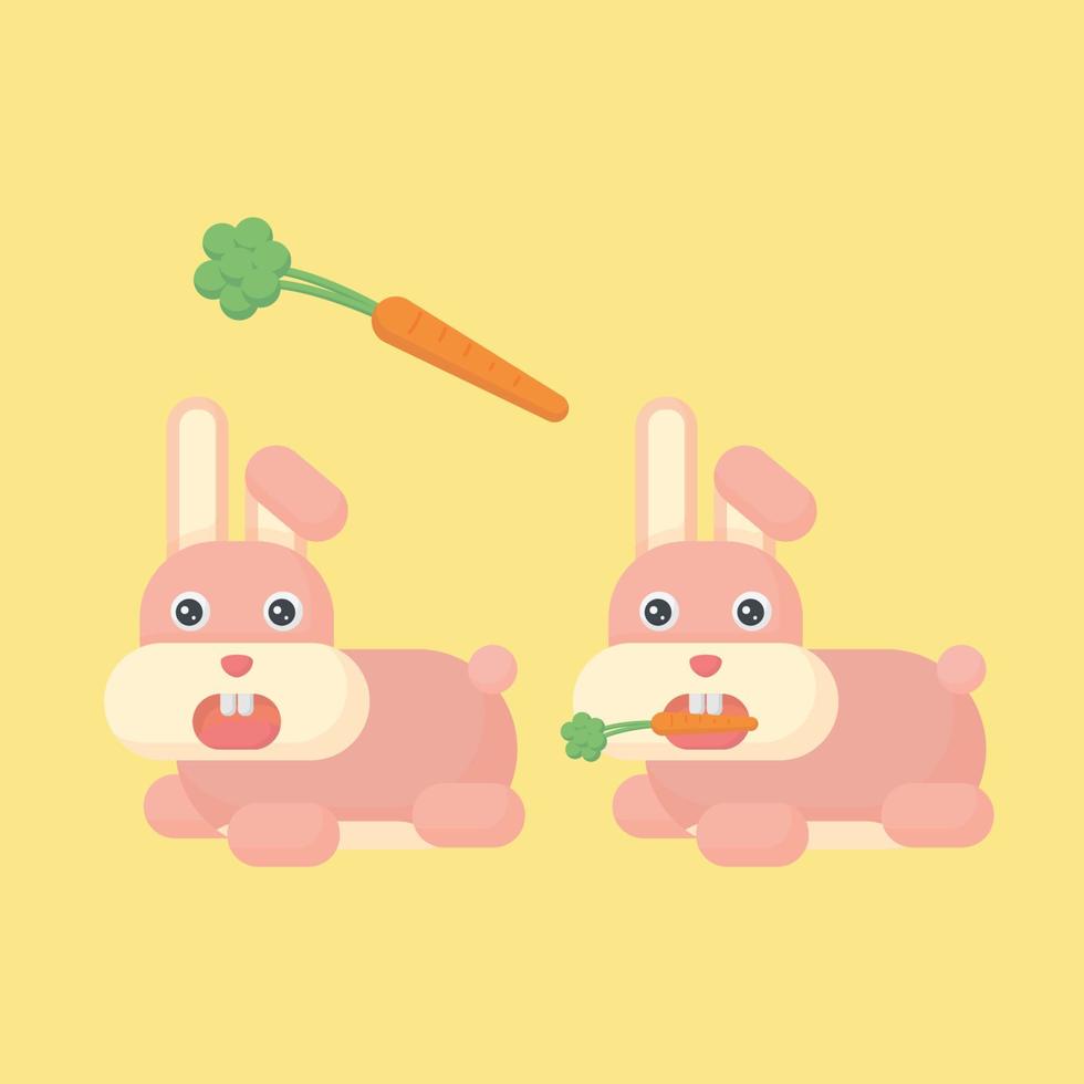 coniglio rosa che mangia carota kawaii cartoon piatto illustrazione vettoriale
