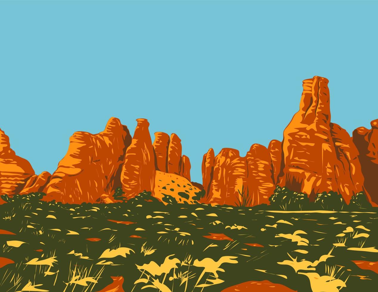 arco rotto nel sentiero dell'arco rotto nel parco nazionale di arches utah wpa poster art vettore