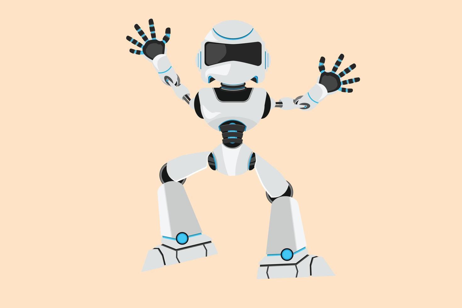 il disegno di affari che disegna il robot felice salta con entrambe le mani alzate. sviluppo futuro della tecnologia robotica. intelligenza artificiale e processi di machine learning. illustrazione vettoriale in stile cartone animato piatto