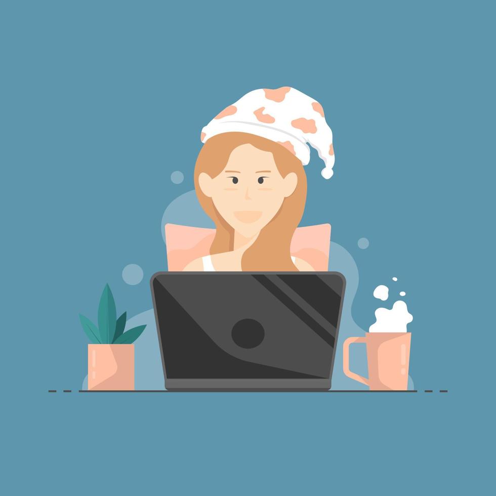lavorare a proprio agio a casa, donna seduta su una sedia con laptop, illustrazione di marketing digitale. vettore