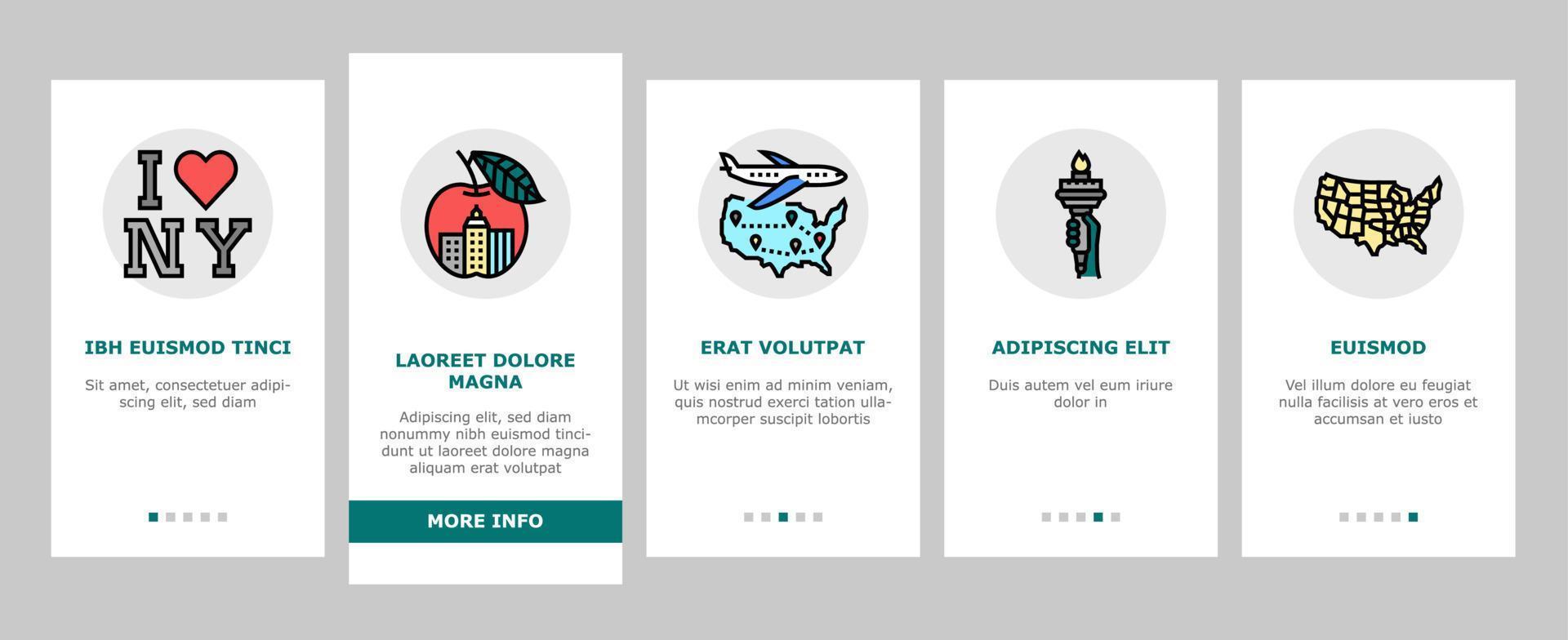 le icone di onboarding dei punti di riferimento della città americana di new york impostano il vettore