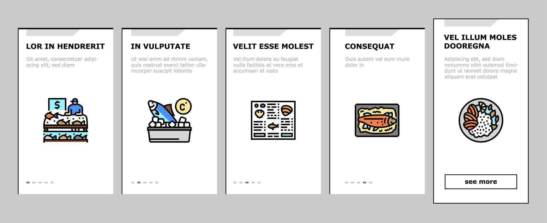 piatti a base di pesce cucinati menu onboarding icone set vettore