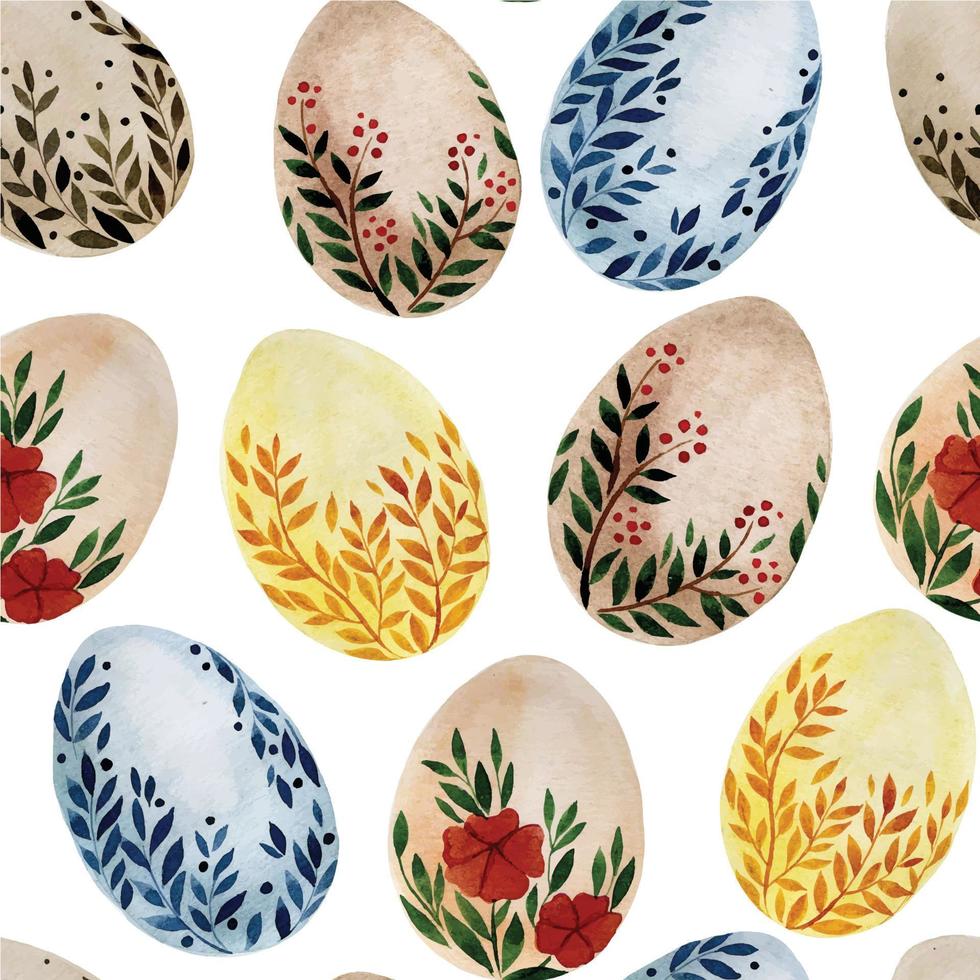 modello senza cuciture dell'acquerello con uova di Pasqua colorate su sfondo bianco. uova di Pasqua dipinte in colori naturali con fiori e foglie. vettore