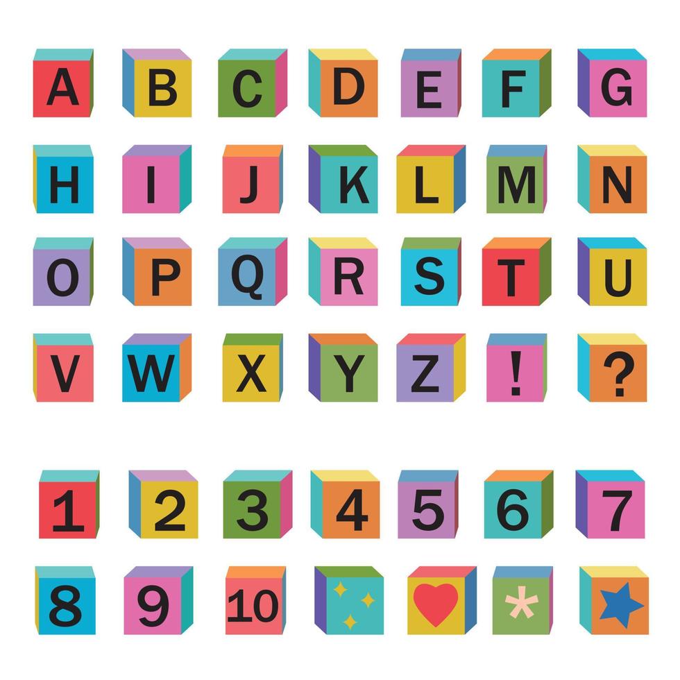 alfabeto e numeri fatti di cubi di legno, illustrazione vettoriale a colori, lettere