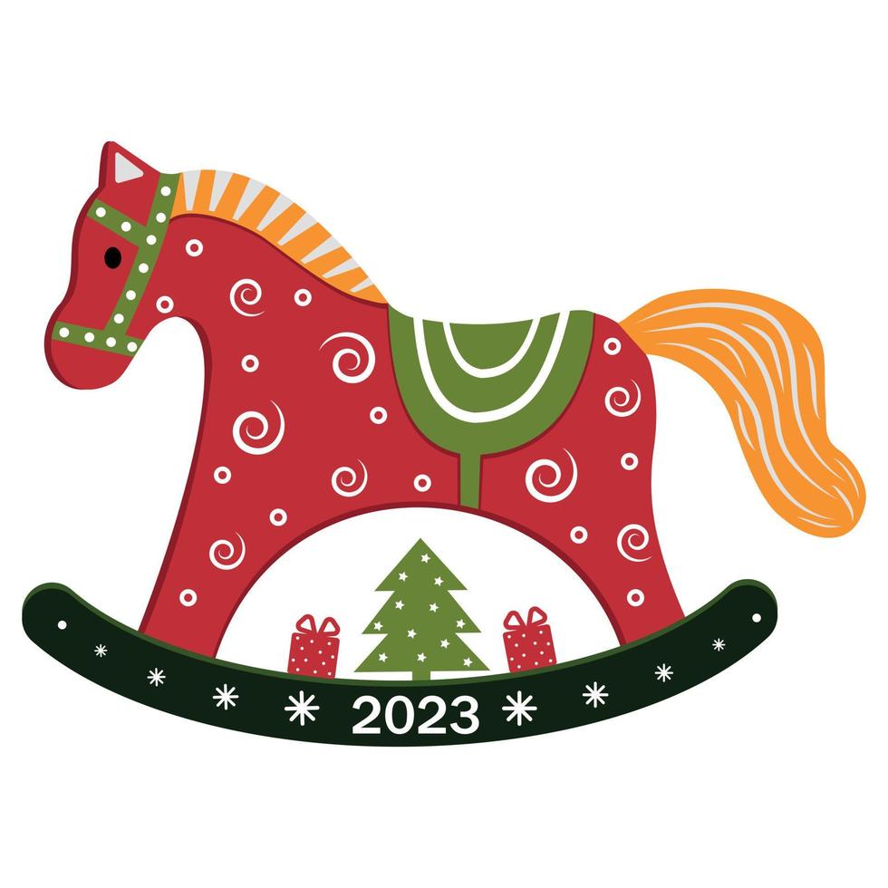 giocattolo di natale per il cavallo a dondolo dell'albero di natale in stile vintage con un simbolo del nuovo anno. illustrazione vettoriale isolato su uno sfondo bianco.