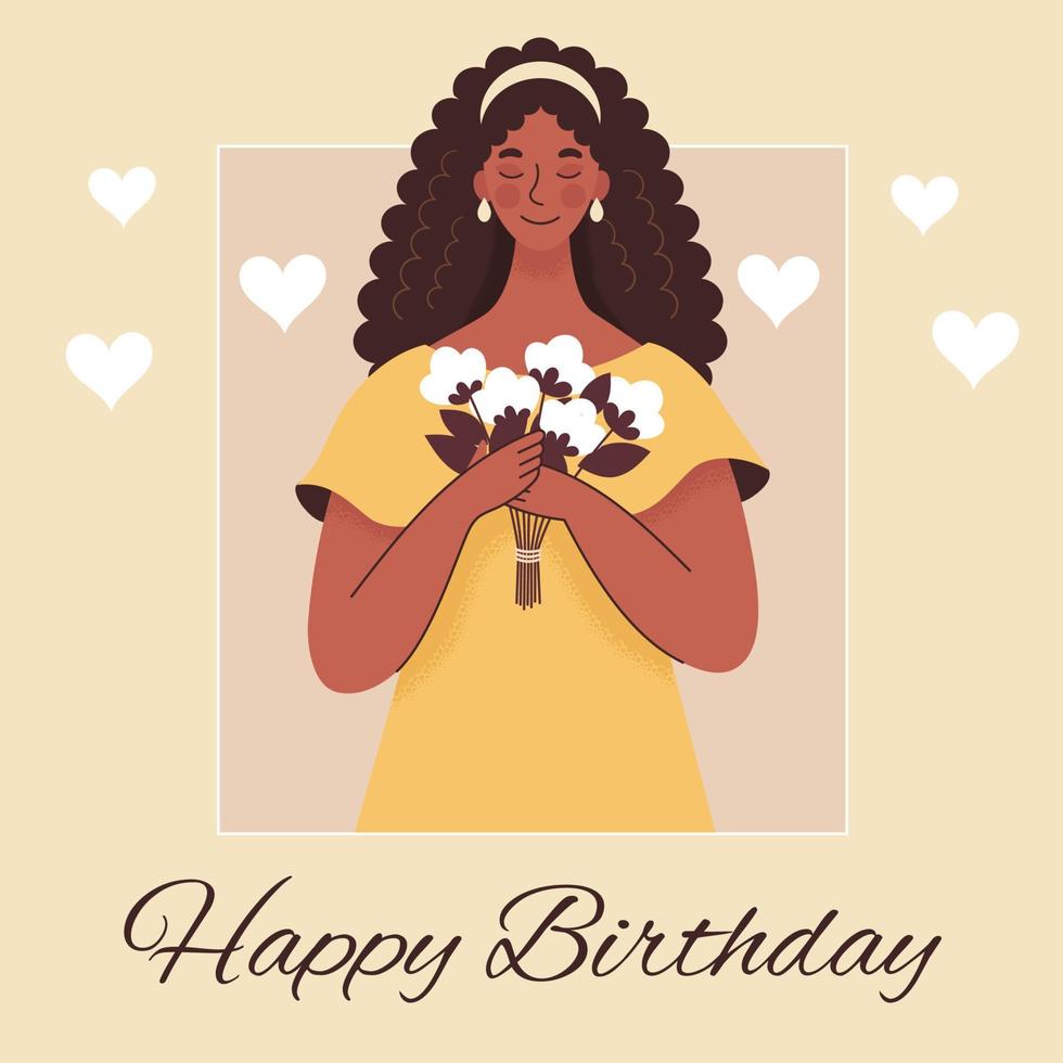 biglietto di auguri per la festa della mamma, il compleanno o la festa internazionale della donna. donna con fiori. illustrazione vettoriale piatta