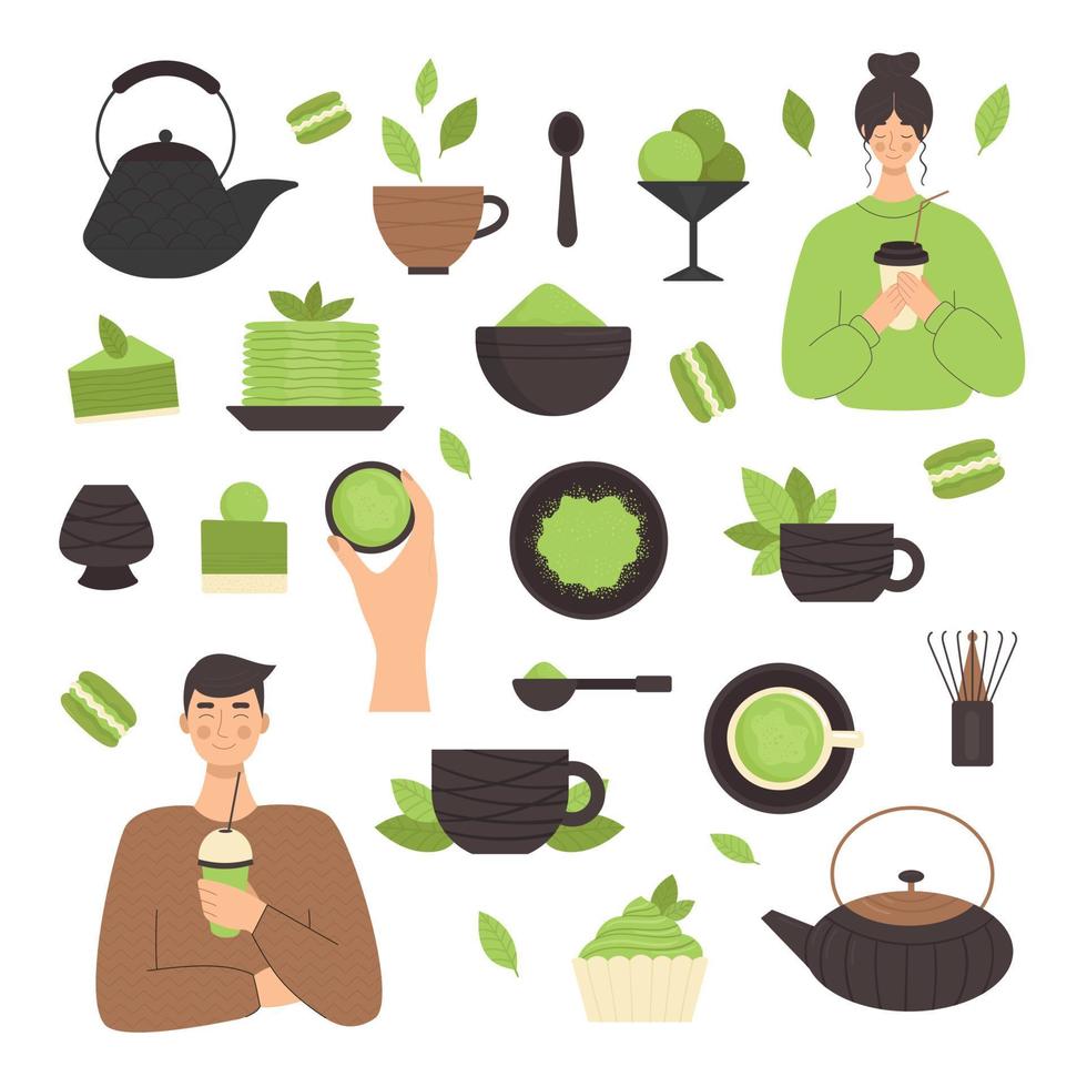 tè matcha, insieme di elementi. cerimonia del tè tradizionale giapponese. tè verde, cibo sano, dolci, tazze, teiere. illustrazione in stile piatto vettore