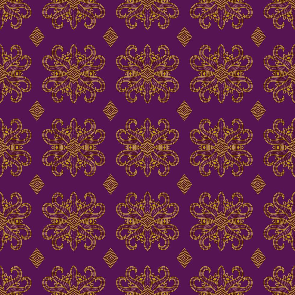 ornamento floreale oro su sfondo viola. ripetizione, linea e stile mandala. adatto per sfondi, tessuti, carte da parati, tessuti e decorazioni vettore
