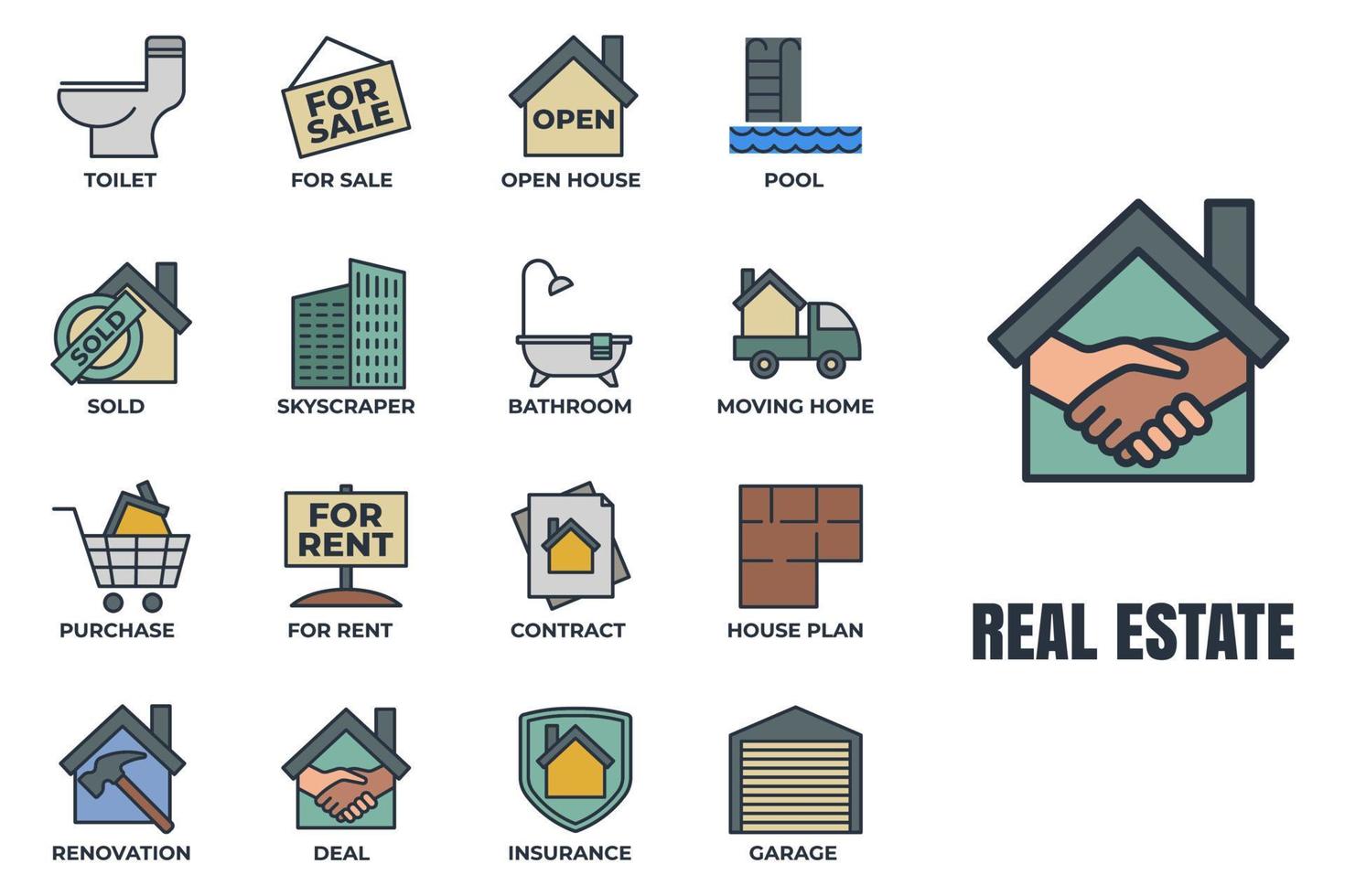 set di icone immobiliari logo illustrazione vettoriale. modello di simbolo del pacchetto della casa. pool, contract, deal, affitto, ristrutturazione e altro per collezioni di grafica e web design vettore