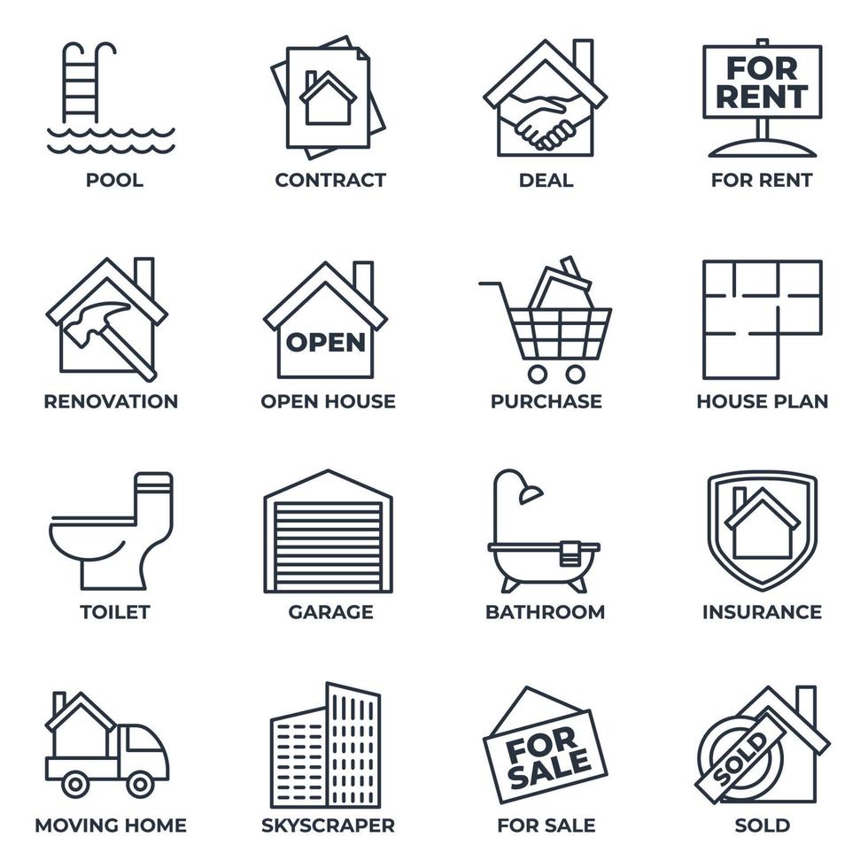 set di icone immobiliari logo illustrazione vettoriale. modello di simbolo del pacchetto della casa. pool, contract, deal, affitto, ristrutturazione e altro per collezioni di grafica e web design vettore