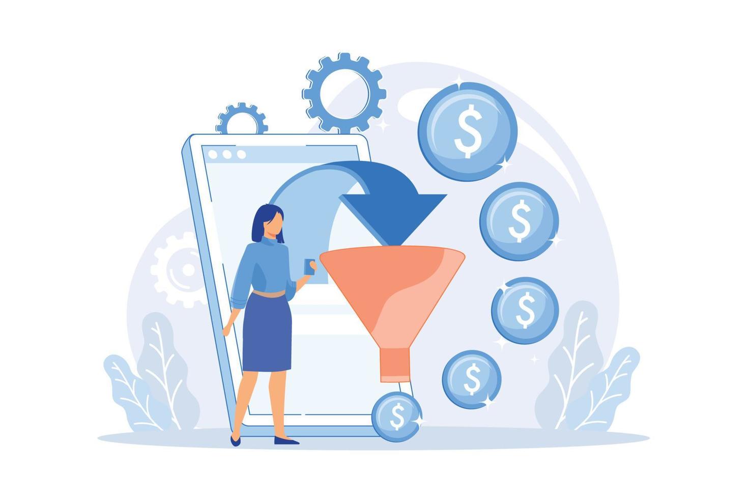 strategia di vendita a imbuto. monetizzazione del profitto. target di riferimento, generazione di lead. marketing di conversione. personaggio dei cartoni animati marketologist. Affari online. illustrazione vettoriale