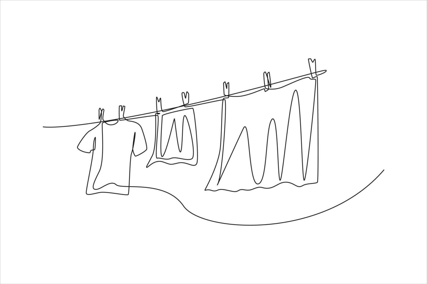 una linea continua disegnando vestiti puliti appesi a una corda. concetto di servizio di lavanderia. illustrazione grafica vettoriale di disegno a linea singola.