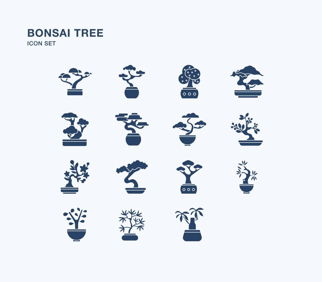 insieme dell'icona solida dell'albero dei bonsai vettore