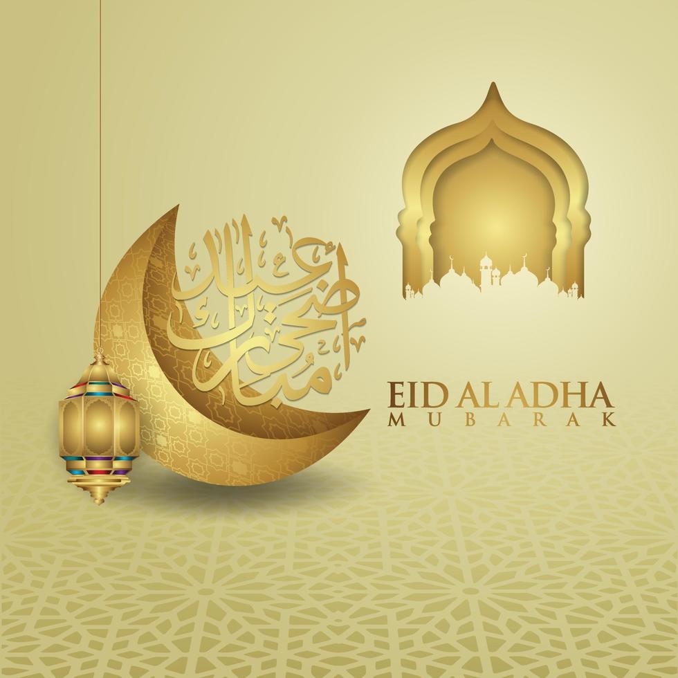 design lussuoso ed elegante eid al adha saluto con colore oro su calligrafia araba, luna crescente, lanterna e moschea con cancello strutturato. illustrazione vettoriale. vettore