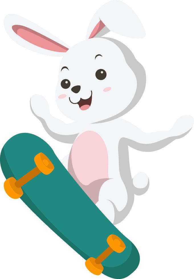 simpatico coniglietto bianco che gioca con lo skateboard vettore