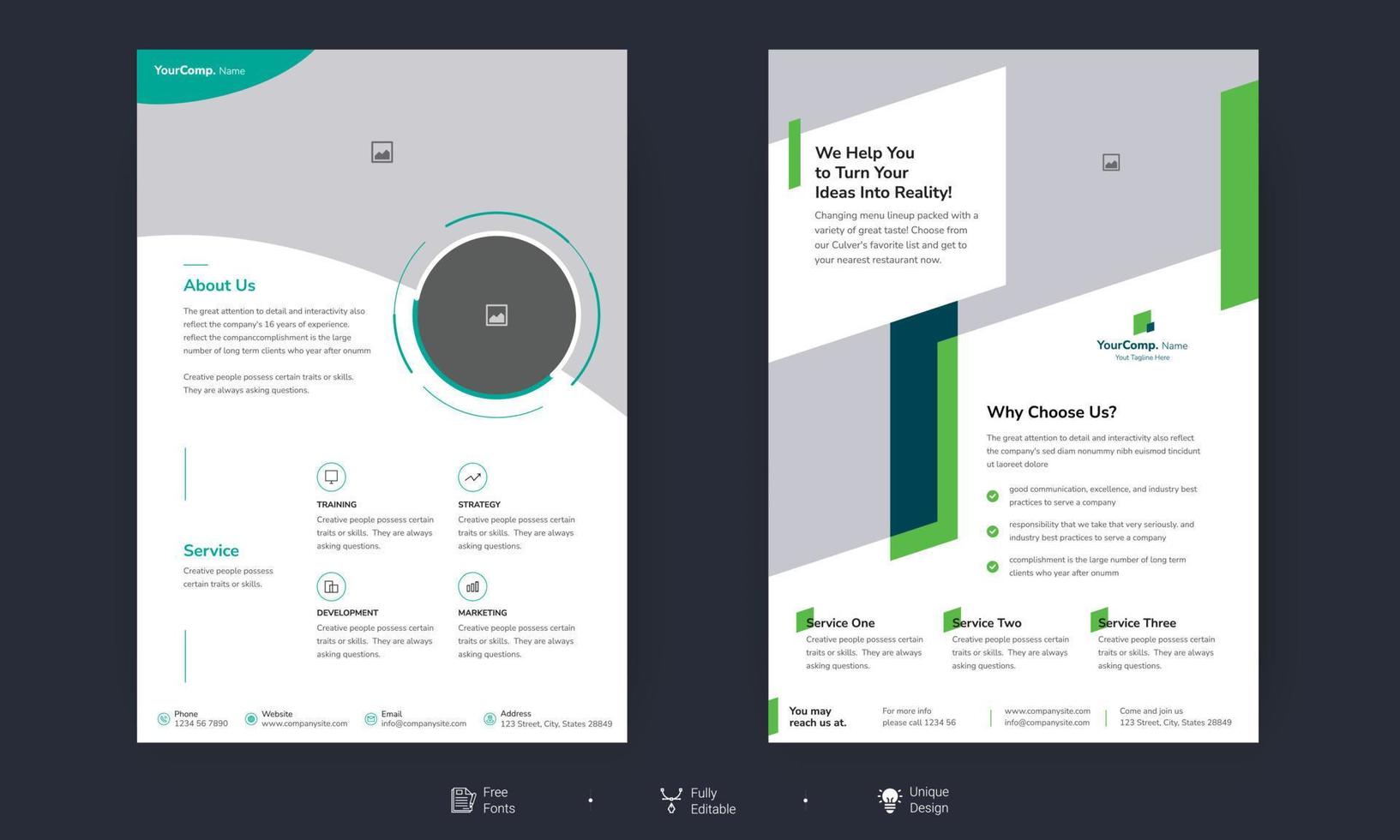 modello di layout di volantino aziendale in formato a4. progettazione del layout del modello di volantino vettoriale. per brochure aziendali, poster, relazioni annuali, volantini, riviste o copertine di libri vettore