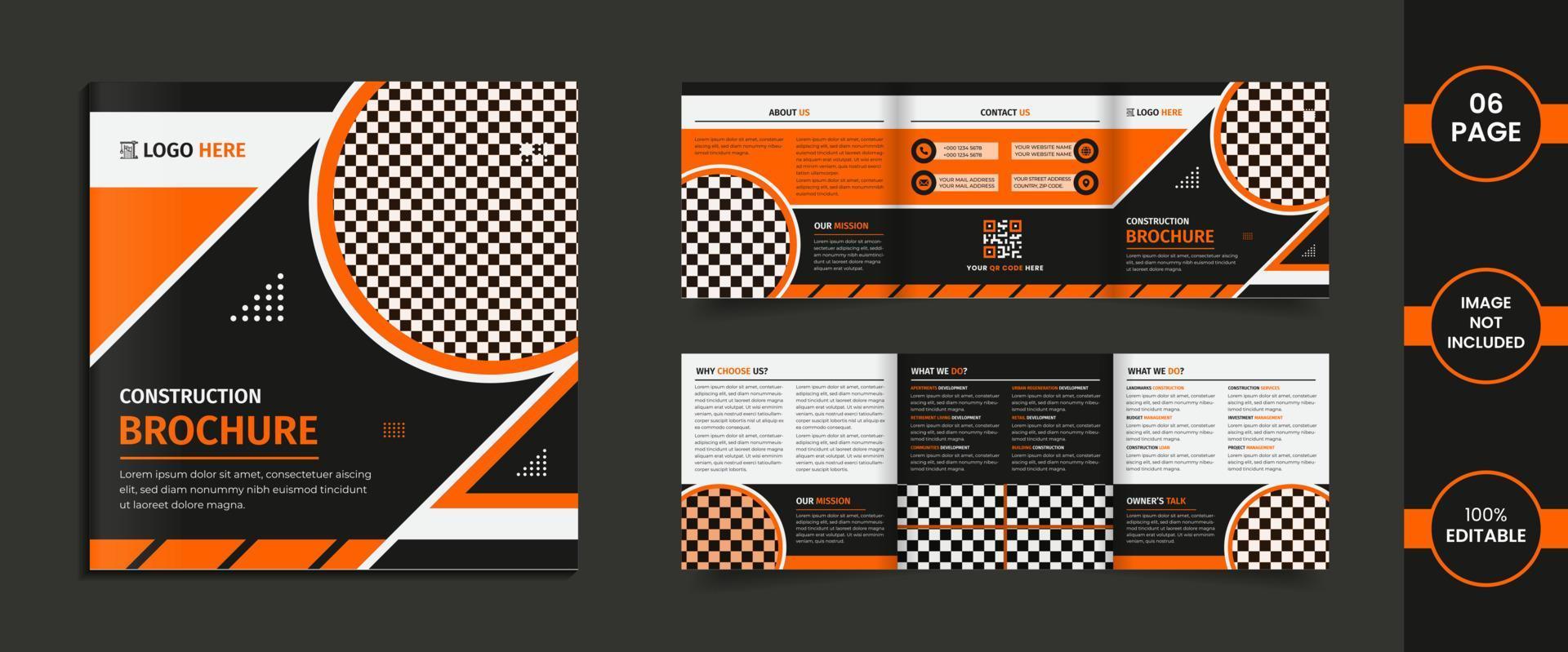 webconstruction modello di progettazione di brochure a tre ante quadrata di 6 pagine con forme e dati astratti di colore arancione e nero. vettore