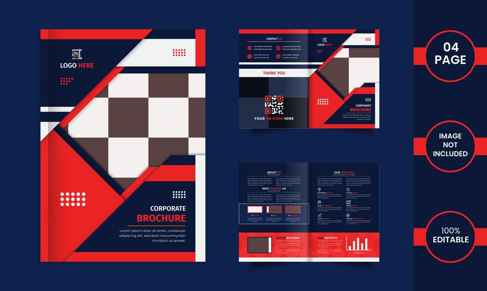 design brochure aziendale di 4 pagine con forme geometriche e dati di colore rosso e blu. vettore