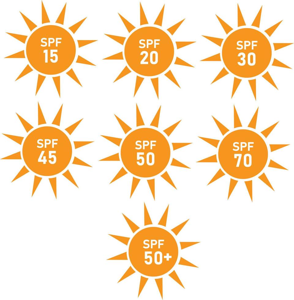 segno di protezione solare. stile piatto. set di icone di protezione solare spf su sfondo bianco. simbolo di protezione solare spf. vettore