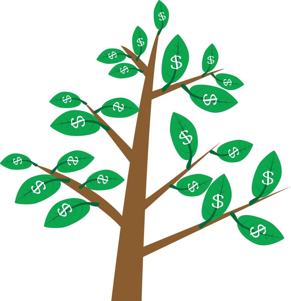 albero dei soldi su sfondo bianco. albero dei soldi con foglie in dollari. segno dell'albero dei soldi. stile piatto. simbolo dell'albero del dollaro. vettore