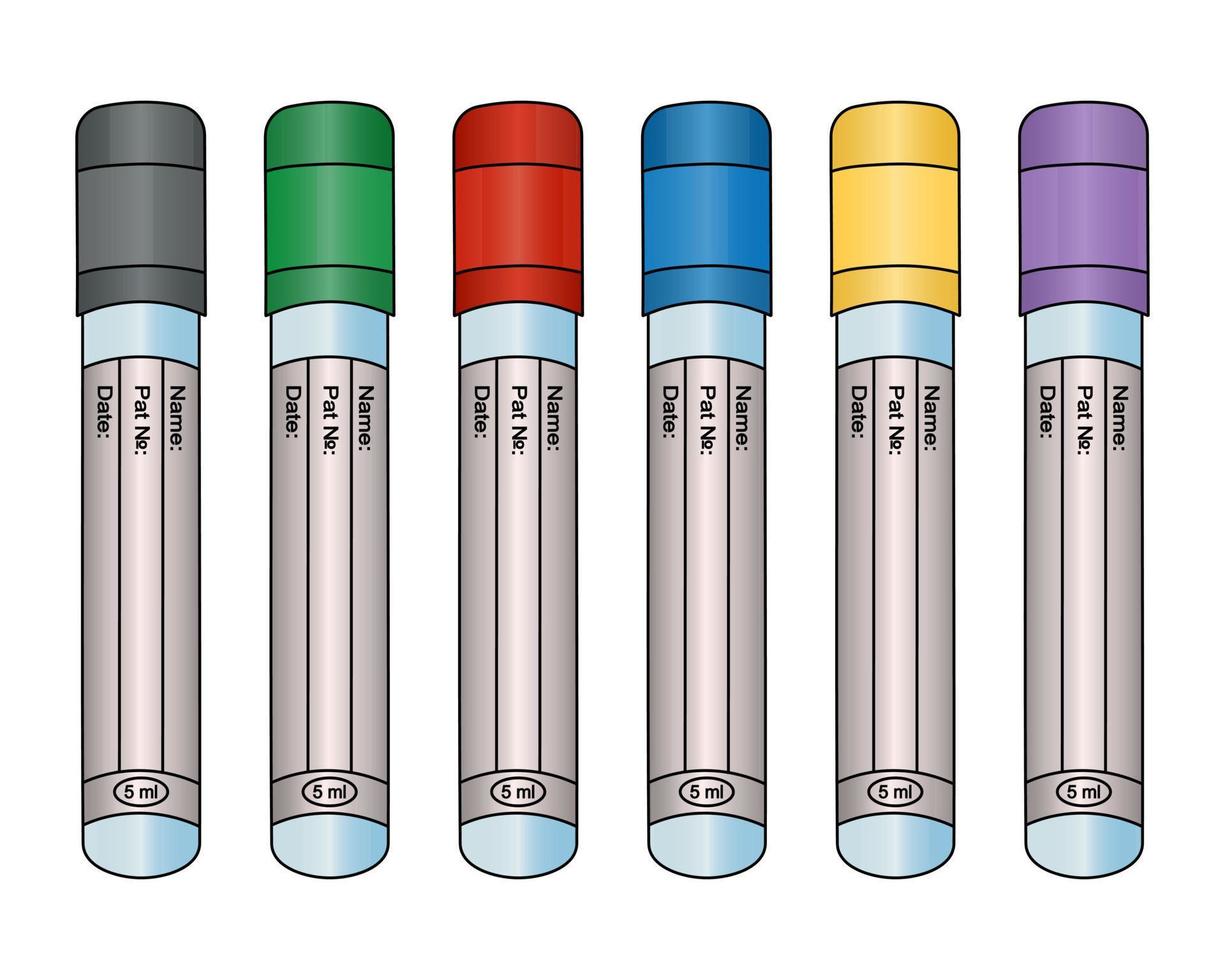 raccolta di provette vuote con tappi colorati per esami del sangue di pazienti in stile cartone animato. provette per la diagnostica del plasma del paziente. serie di illustrazioni vettoriali. sfondo isolato. vettore