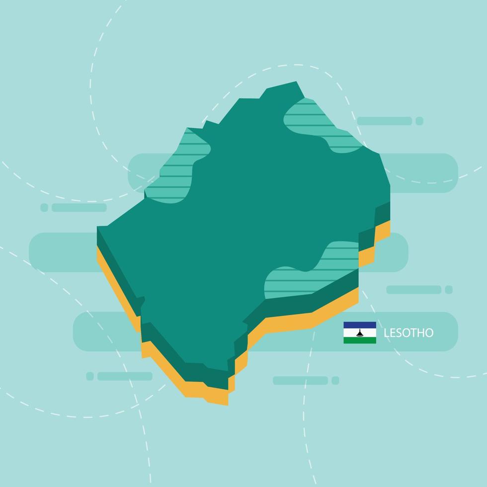 Mappa vettoriale 3d del lesotho con nome e bandiera del paese su sfondo verde chiaro e trattino.