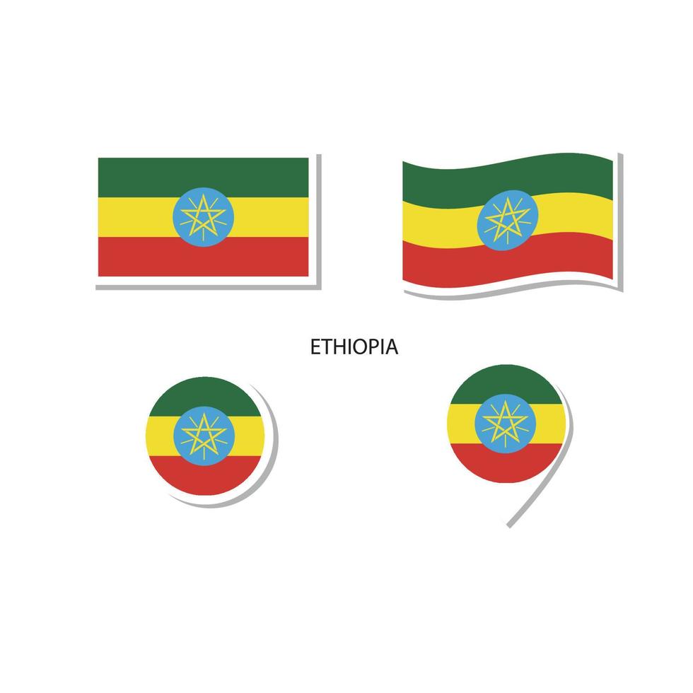 set di icone logo bandiera etiopia, icone piatte rettangolari, forma circolare, pennarello con bandiere. vettore