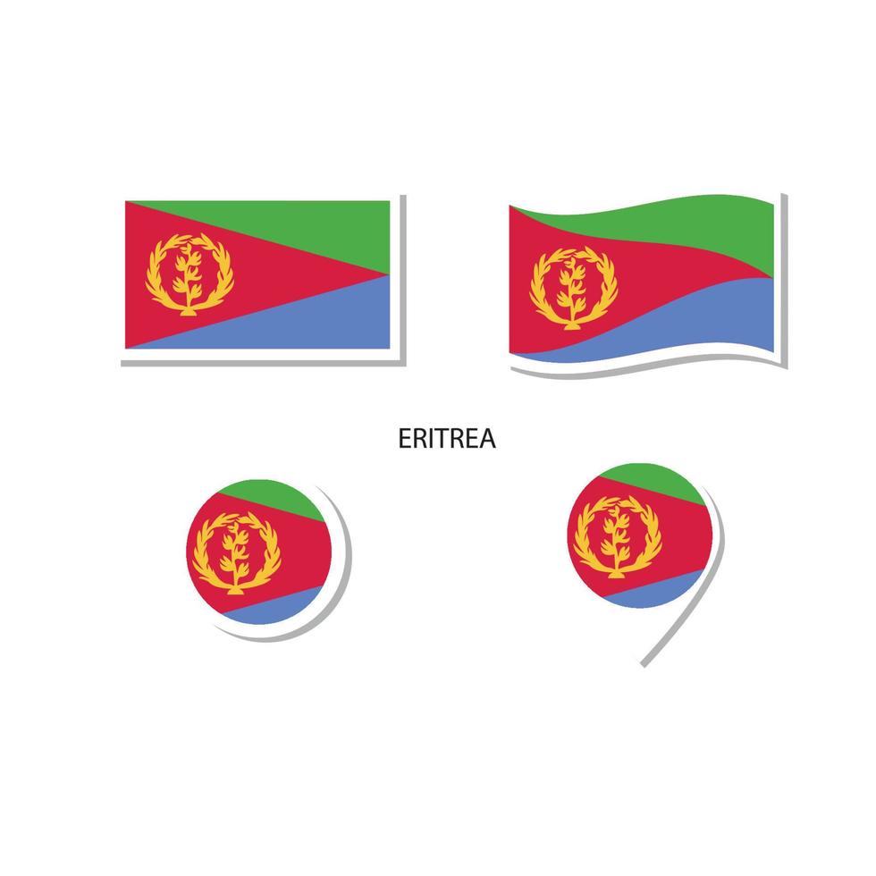 set di icone logo bandiera eritrea, icone piatte rettangolari, forma circolare, pennarello con bandiere. vettore