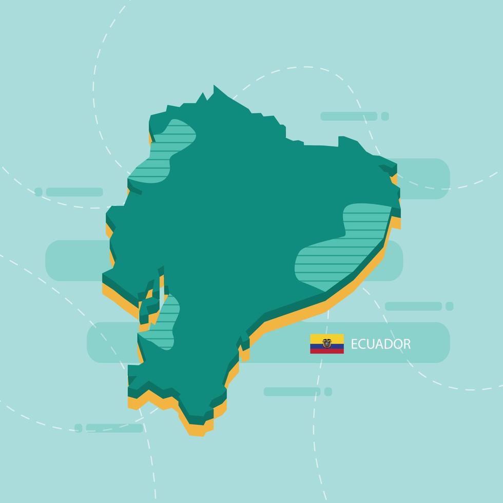 Mappa vettoriale 3D dell'Ecuador con nome e bandiera del paese su sfondo verde chiaro e trattino.