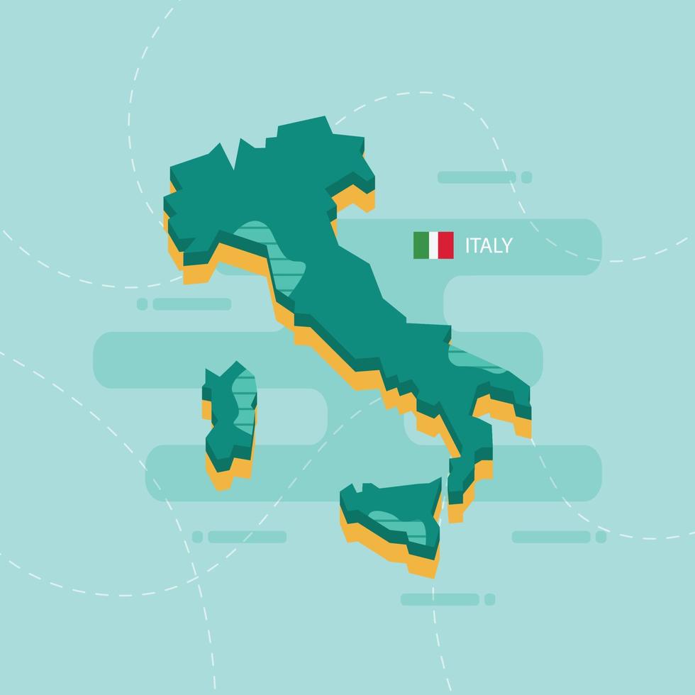 Mappa vettoriale 3d dell'italia con nome e bandiera del paese su sfondo verde chiaro e trattino.