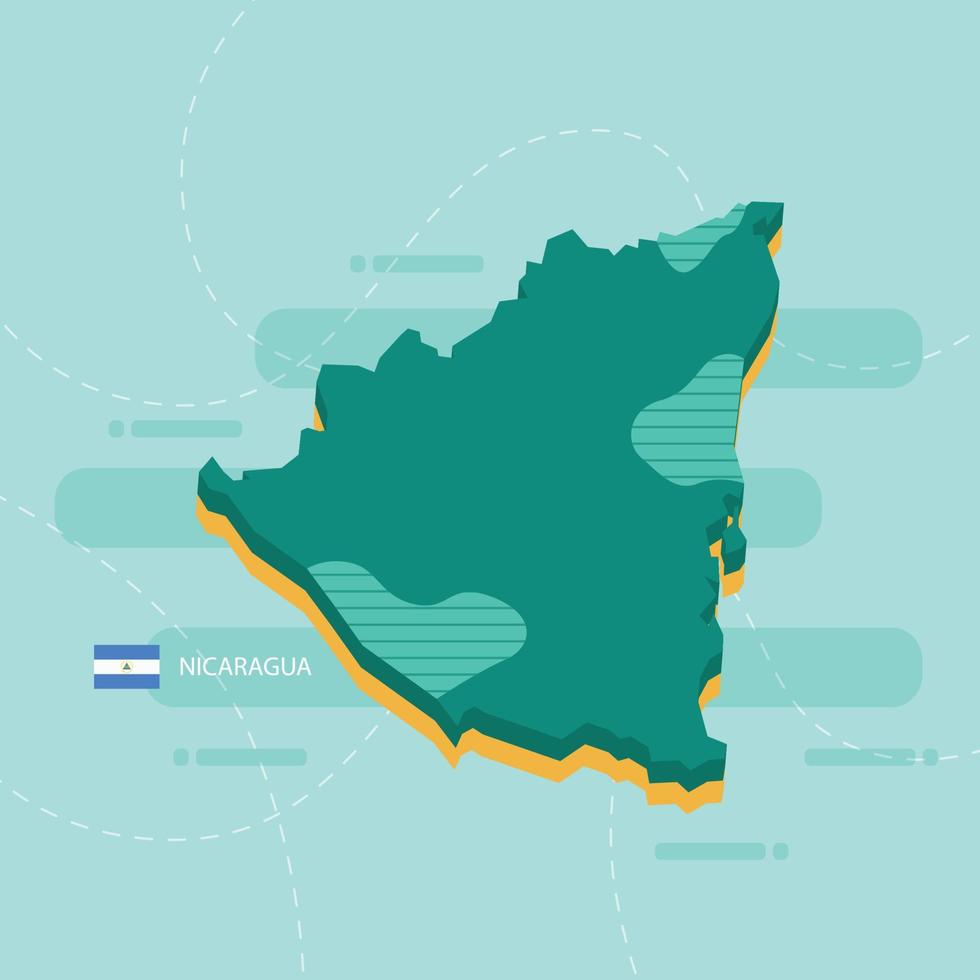 Mappa vettoriale 3d del nicaragua con nome e bandiera del paese su sfondo verde chiaro e trattino.