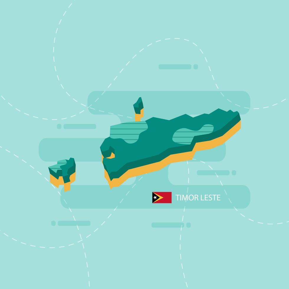 Mappa vettoriale 3D di Timor Est con nome e bandiera del paese su sfondo verde chiaro e trattino.