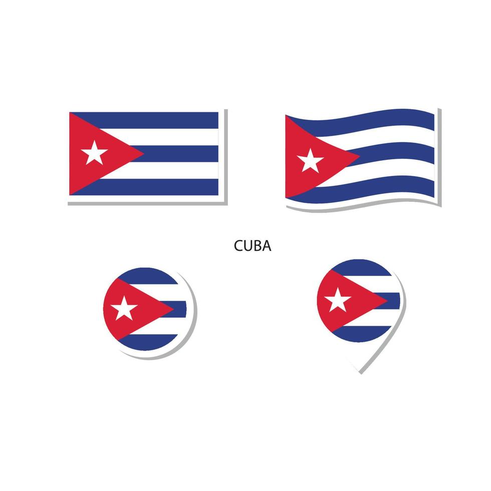 set di icone logo bandiera cuba, icone piatte rettangolari, forma circolare, pennarello con bandiere. vettore