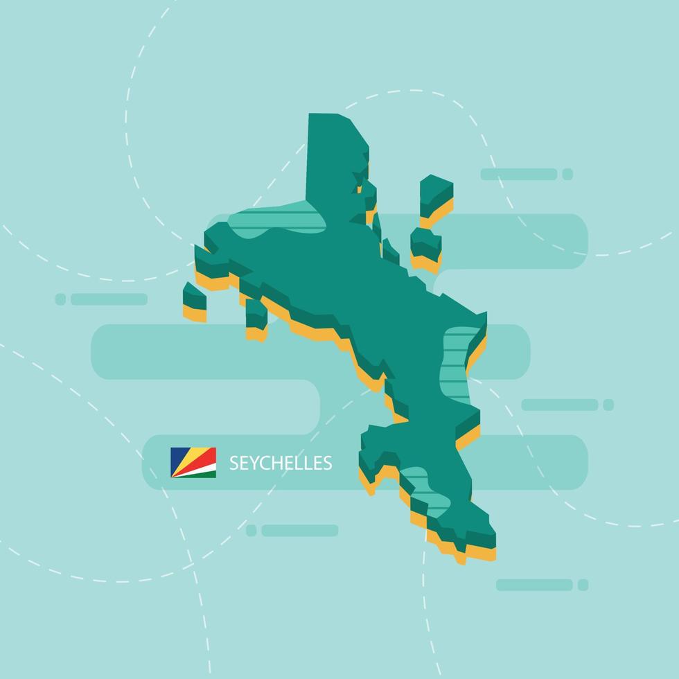 Mappa vettoriale 3d delle seychelles con nome e bandiera del paese su sfondo verde chiaro e trattino.