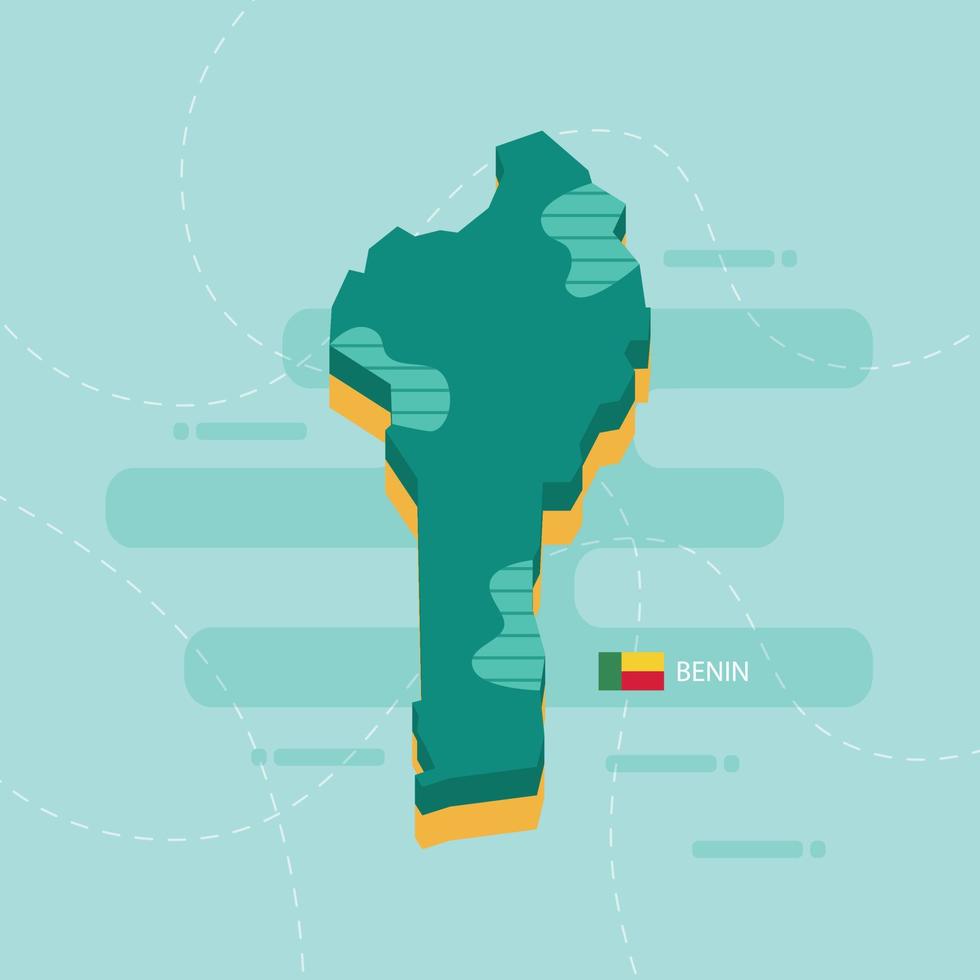 Mappa vettoriale 3D del Benin con nome e bandiera del paese su sfondo verde chiaro e trattino.