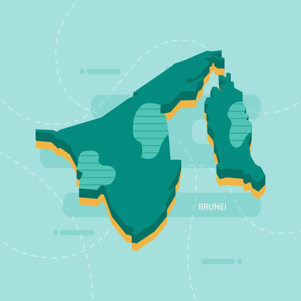 Mappa vettoriale 3d del brunei con nome e bandiera del paese su sfondo verde chiaro e trattino.