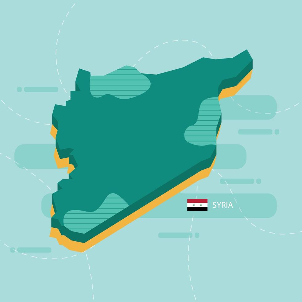 Mappa vettoriale 3d della siria con nome e bandiera del paese su sfondo verde chiaro e trattino.