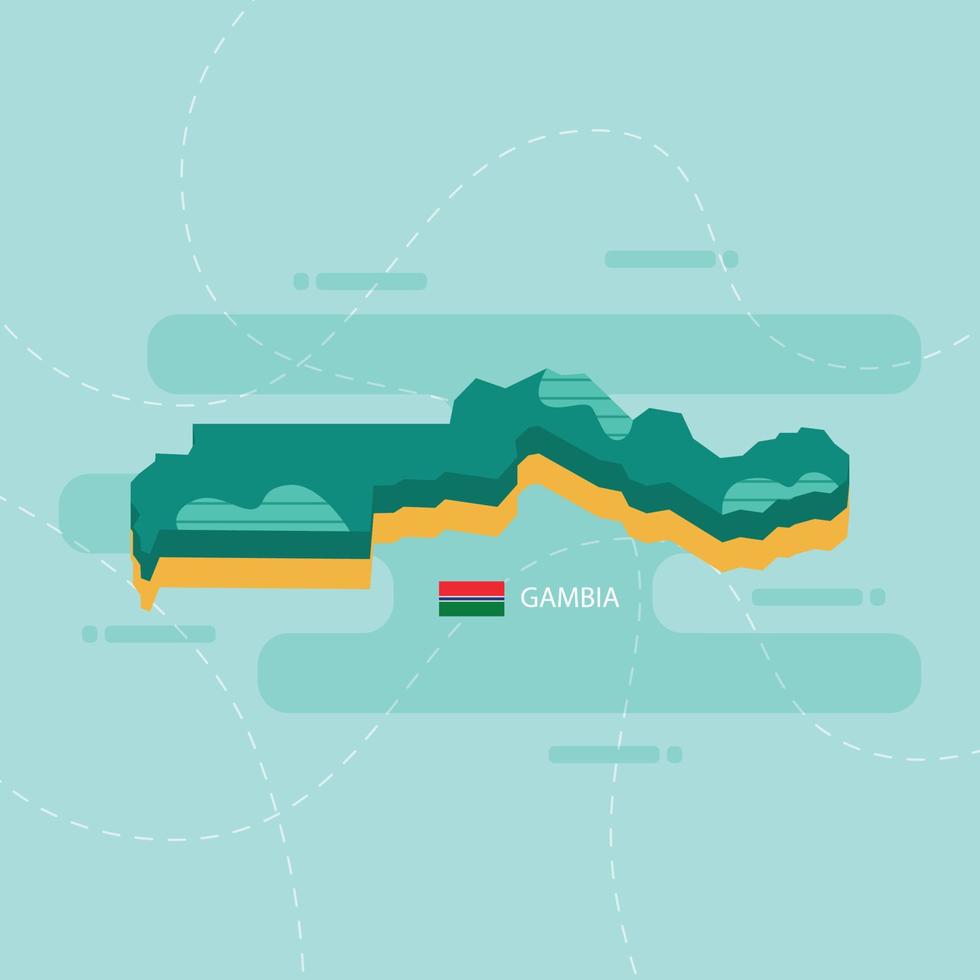 Mappa vettoriale 3d del gambia con nome e bandiera del paese su sfondo verde chiaro e trattino.