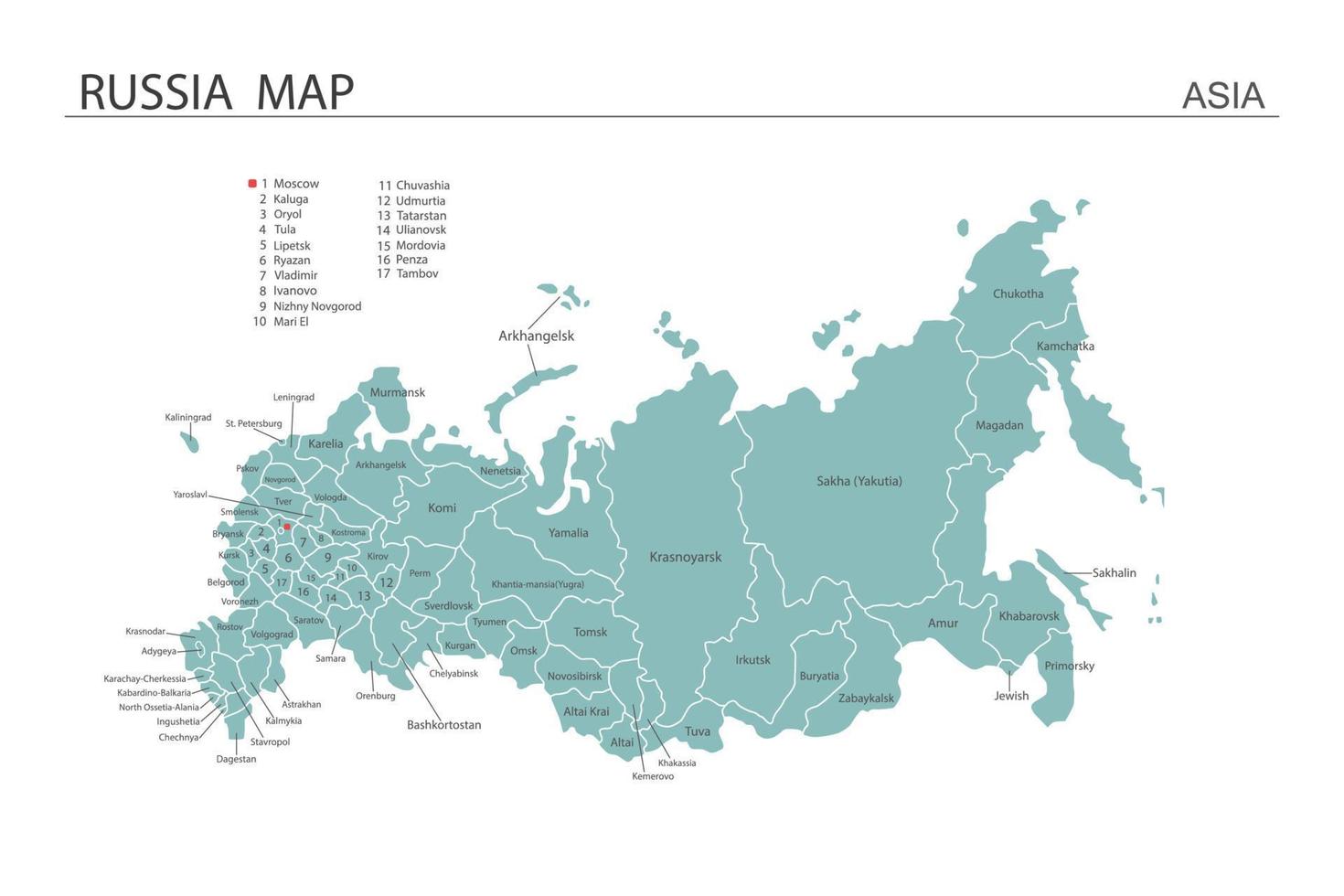 illustrazione vettoriale della mappa della russia su sfondo bianco. la mappa ha tutta la provincia e segna la capitale della russia.