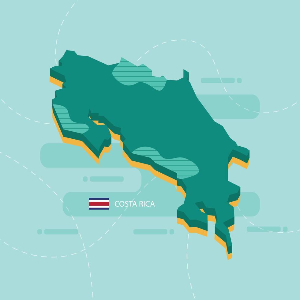 Mappa vettoriale 3d della costa rica con nome e bandiera del paese su sfondo verde chiaro e trattino.